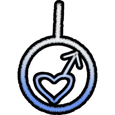  a circle outline with a line on top with a gradient transitioning from white at the top to dark blue at the bottom. Inside the circle, a heart shaped male gender symbol is drawn in the center.